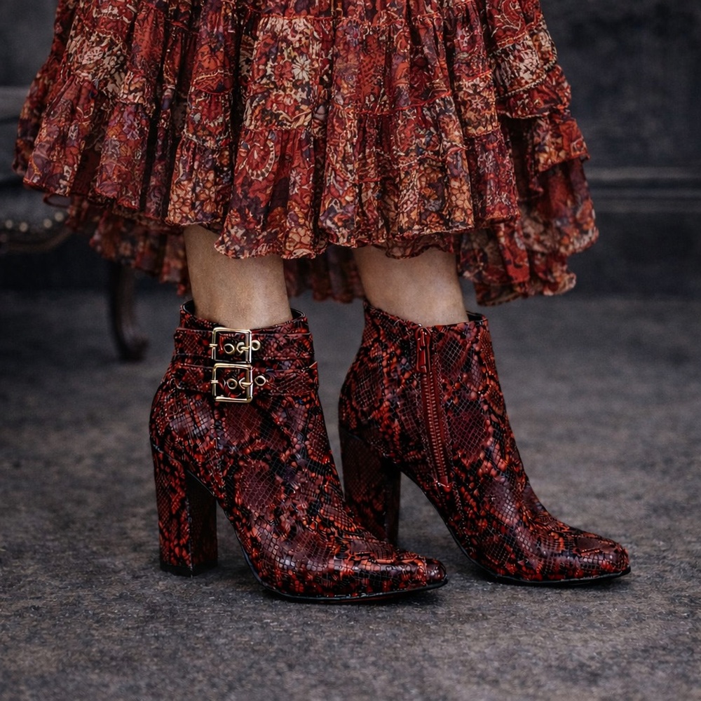 Lemon Drop By Privileged Red Snakeskin Buckle Ankle Boots Western Boho Size 8